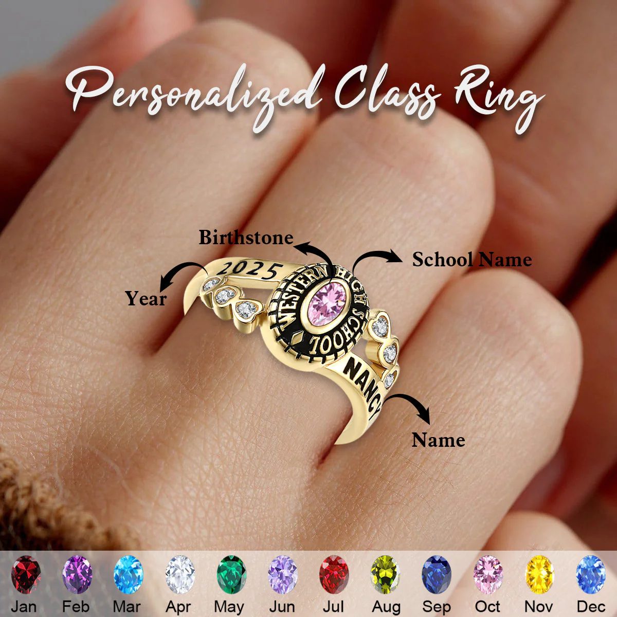 High School College University Birthstone Customized Class Ring - Image 2