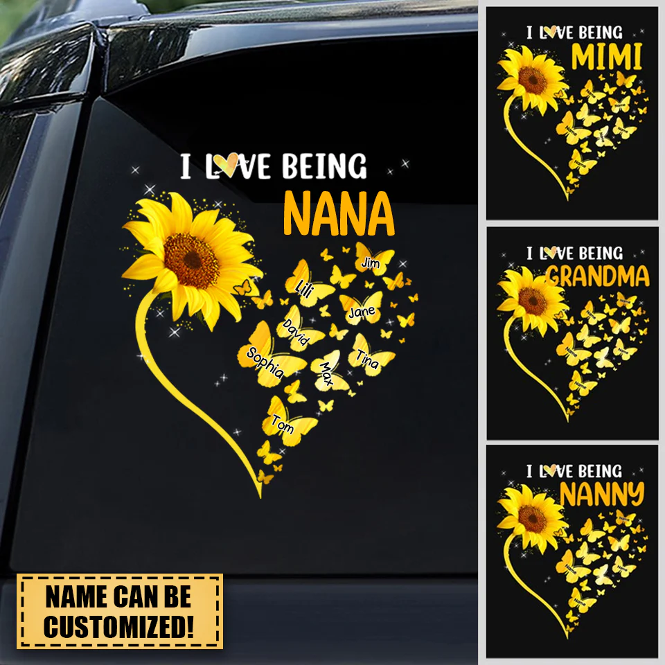 I Love Being Nana Heart Butterflies With Sunflower Personalized Sticker
