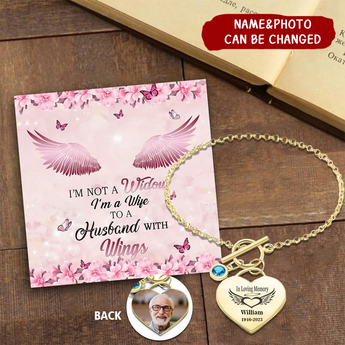 I'm A Wife To A Husband With Wings Personalized Memorial Heart Bracelet with Birthstone - Image 2