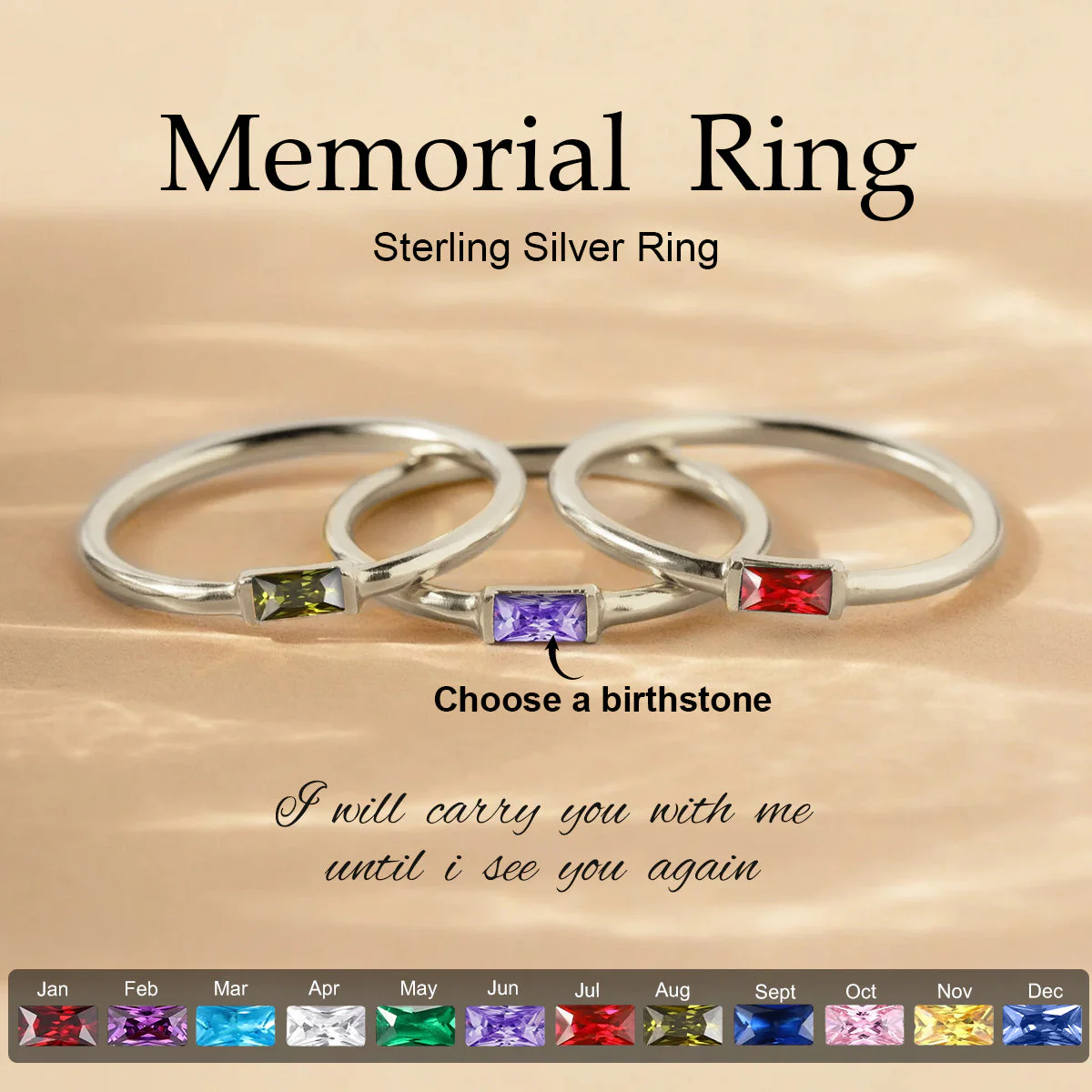 In Loving Memory - Personalized Rectangle Birthstone Memorial Sterling Silver Ring - Image 2