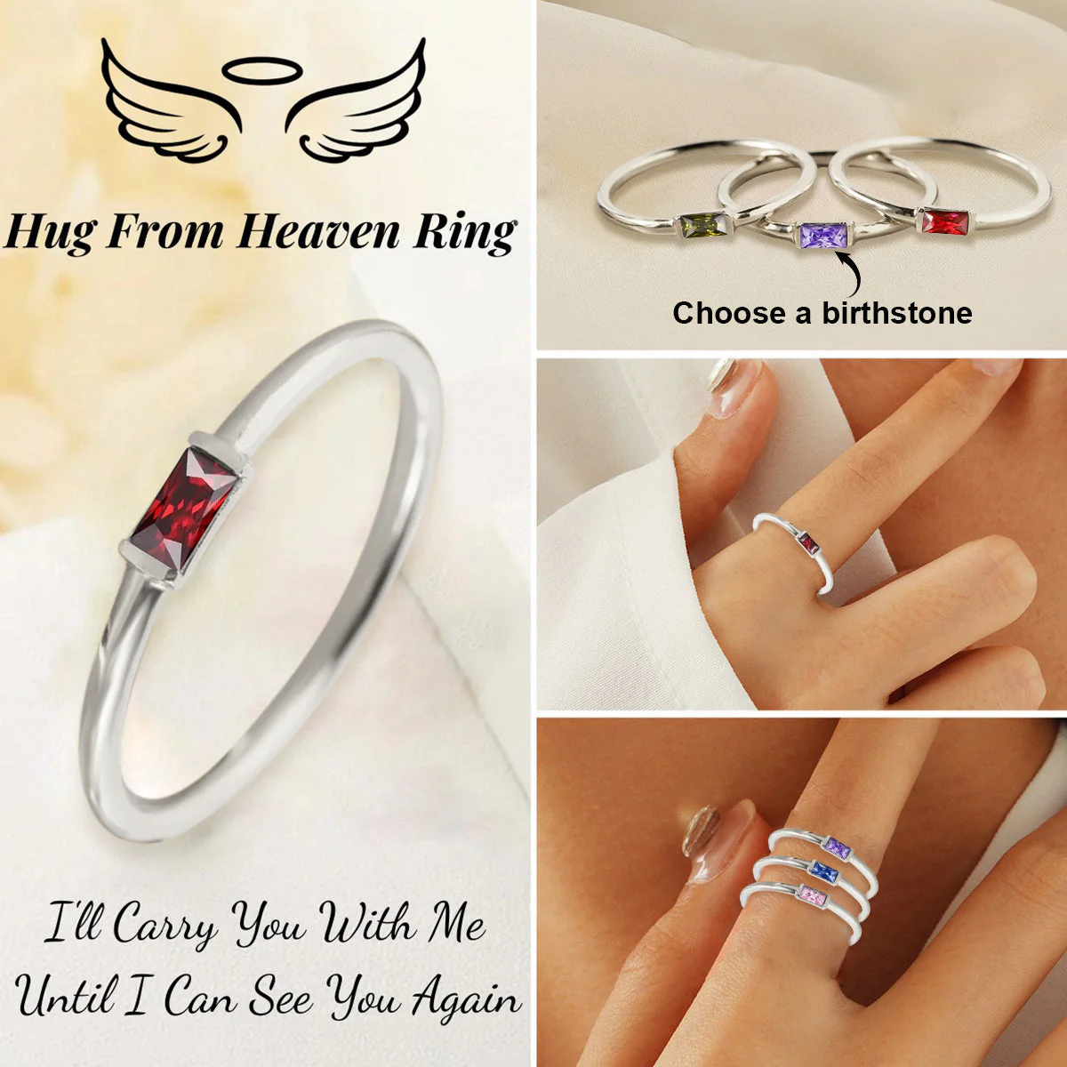 In Loving Memory - Personalized Rectangle Birthstone Memorial Sterling Silver Ring - Image 3