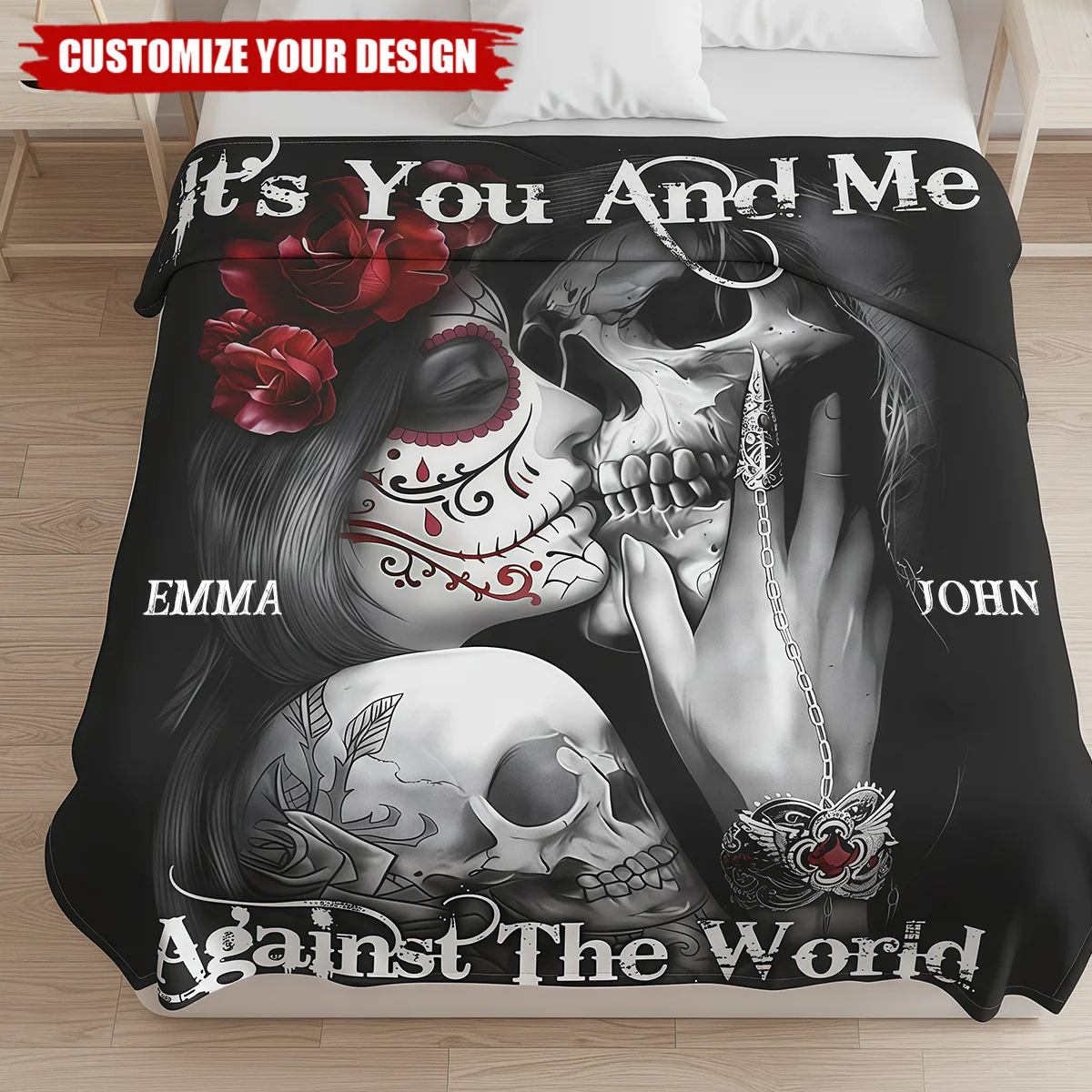 It's You And Me Against The World - Personalized Skull Couple Blanket - Image 2