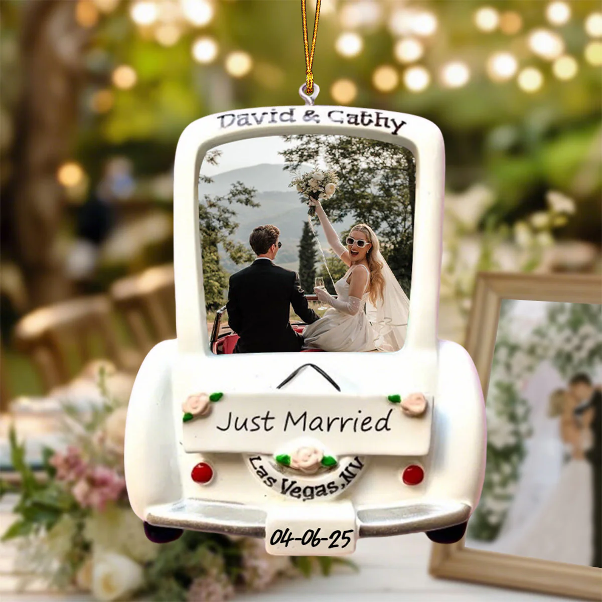 Just Married Wedding Car - Custom Photo 1st Christmas Ornament - Image 2