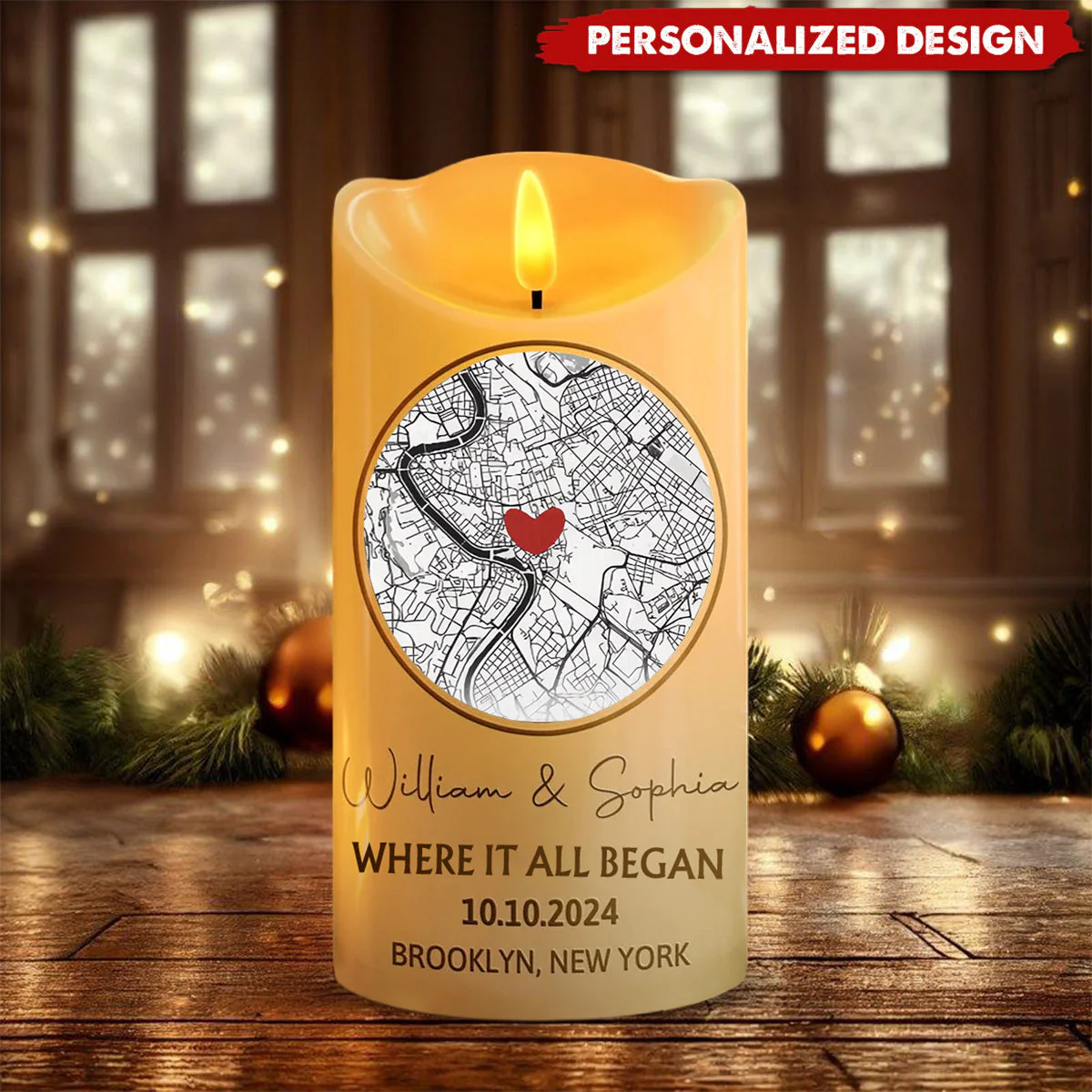 Location Map Married Engaged Couples - Personalized Flameless LED Candle - Image 2