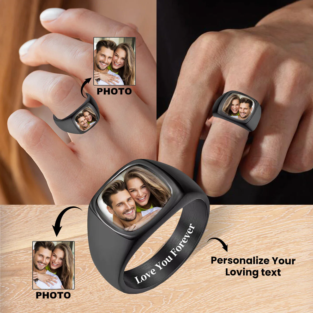 Love You Forever - Personalized Upload Photo Square Ring For Couple - Image 2