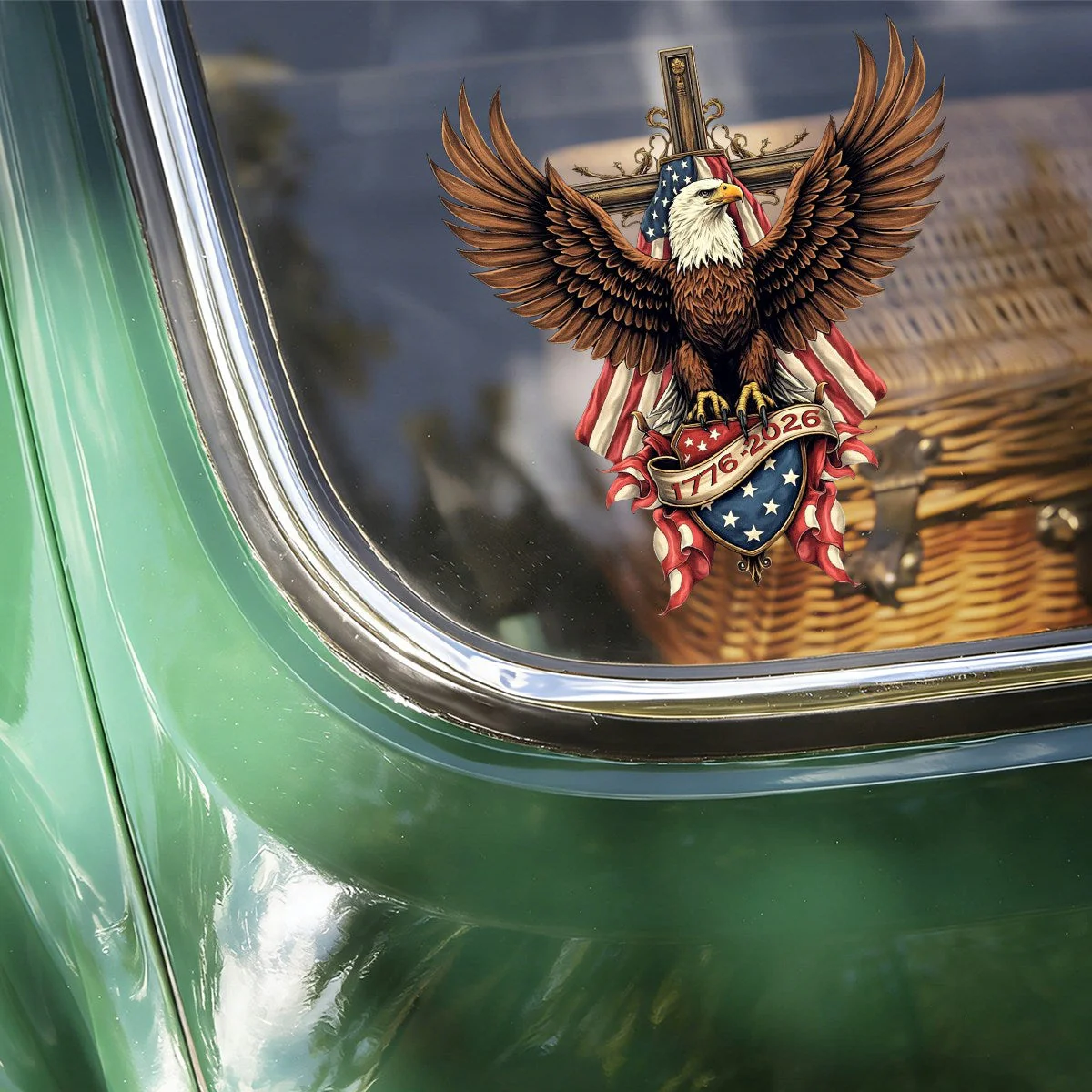Majestic Bald Eagle With US Flag And Cross Decal Sticker, 250th Anniversary Gift - Image 2