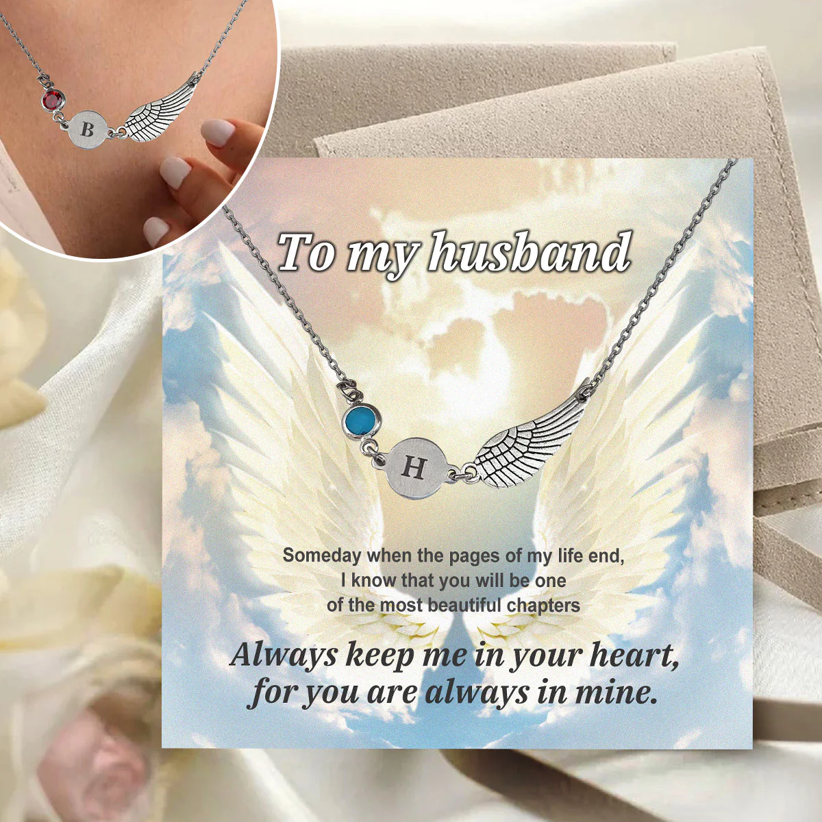 Memorial Gift, Personalized Monogram Wing Birthstone Pendant Necklace - Image 2