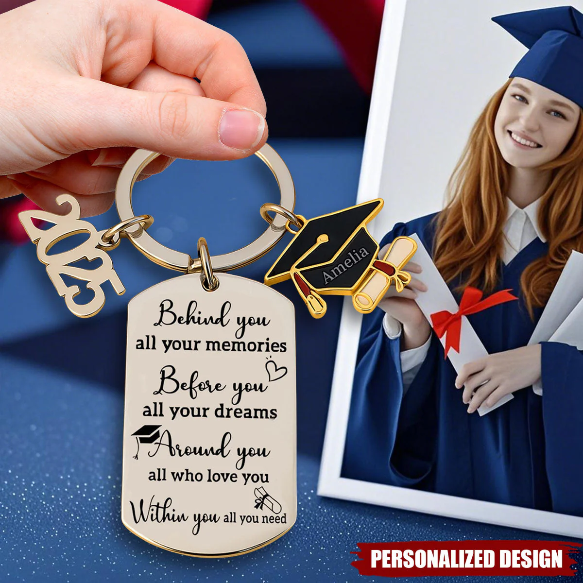 Memories Behind, Dreams Ahead, Love All Around - Personalized Graduation Keychain - Image 2