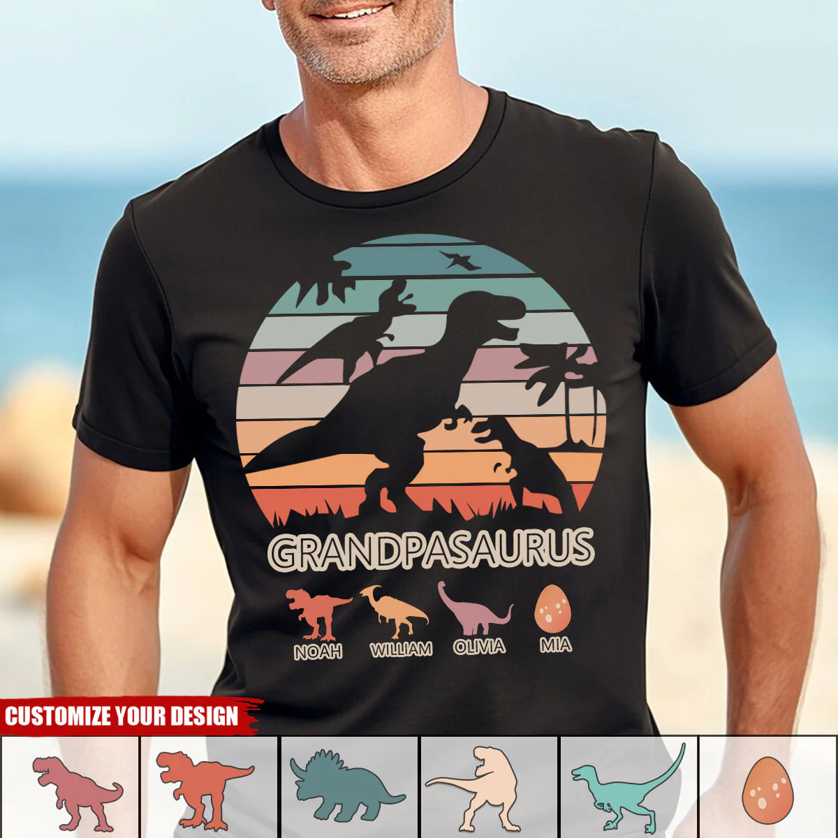 Dinosaur Daddy Papa Grandpa With Kids Name Shirt - Image 2