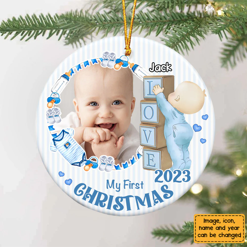 Newborn Gift Baby First Photo Circle Personalized Ceramic Ornament - Image 3