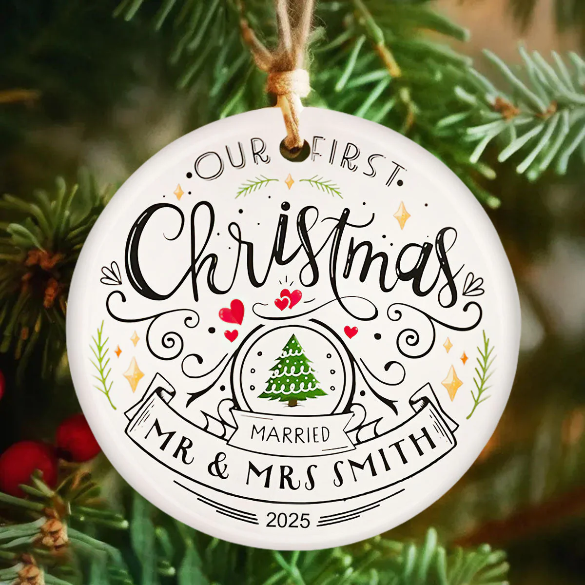Our First Christmas - Custom Newlywed Ceramic Ornament - Image 2