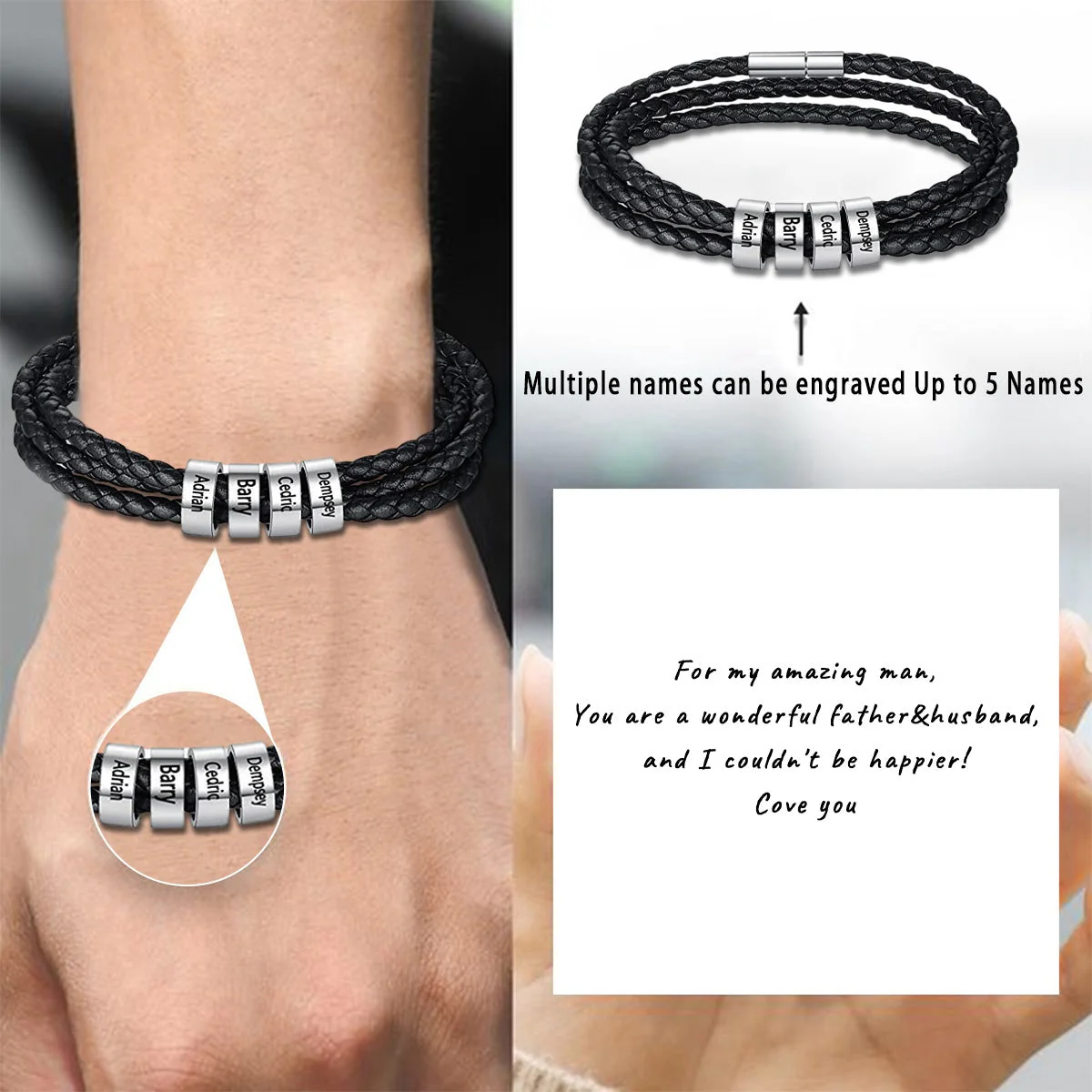 Personalized Men Braided Leather Bracelet With Small Custom Beads - Image 2