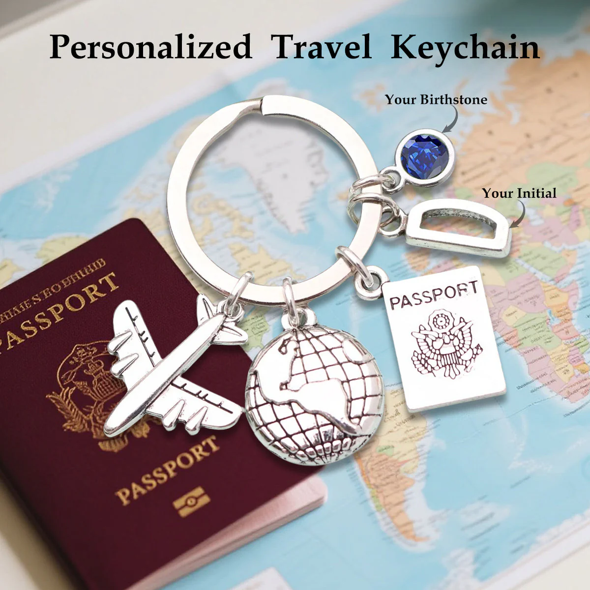 Personalised Travel Birthstone Keychain - Travel Bag Charm, Adventure Gift - Image 2
