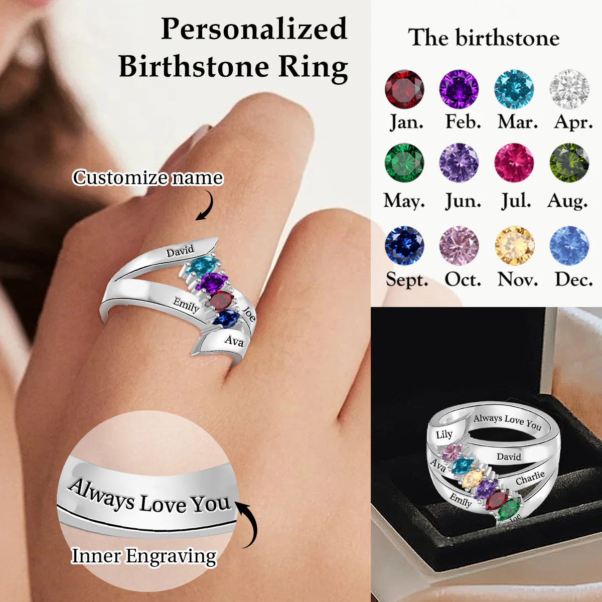 Personalized 1-6 Birthstones 925 Silver Ring, Gift For Mom - Image 2