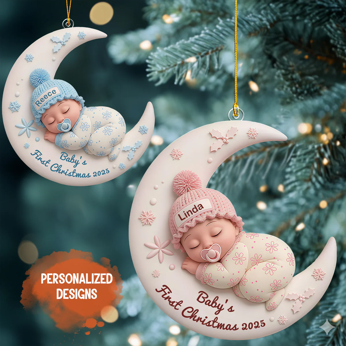 Personalized Baby First Christmas Ornament, Custom Moon Ornament - Image 2