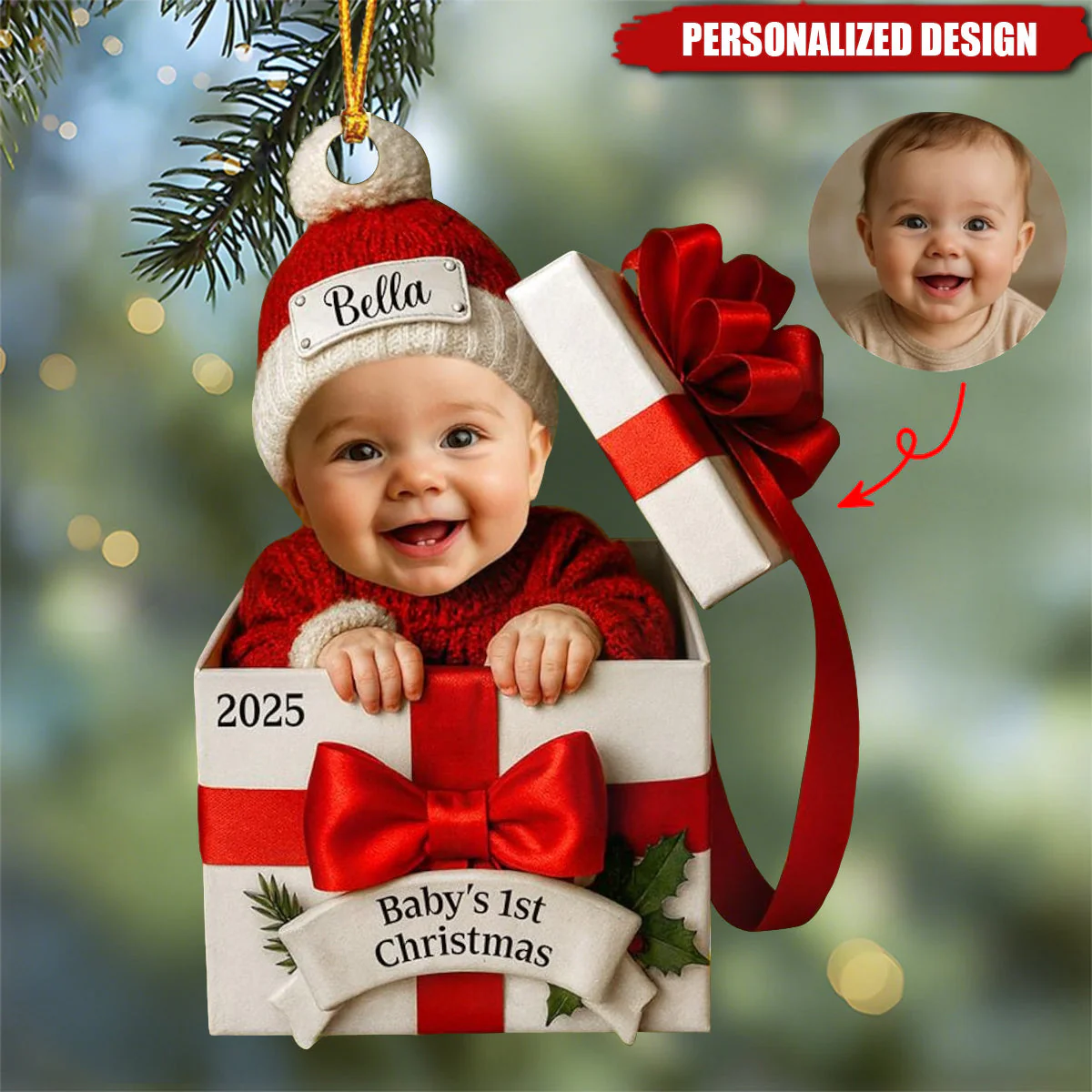 Personalized Baby Photo Christmas Gift Box Ornament - Image 2