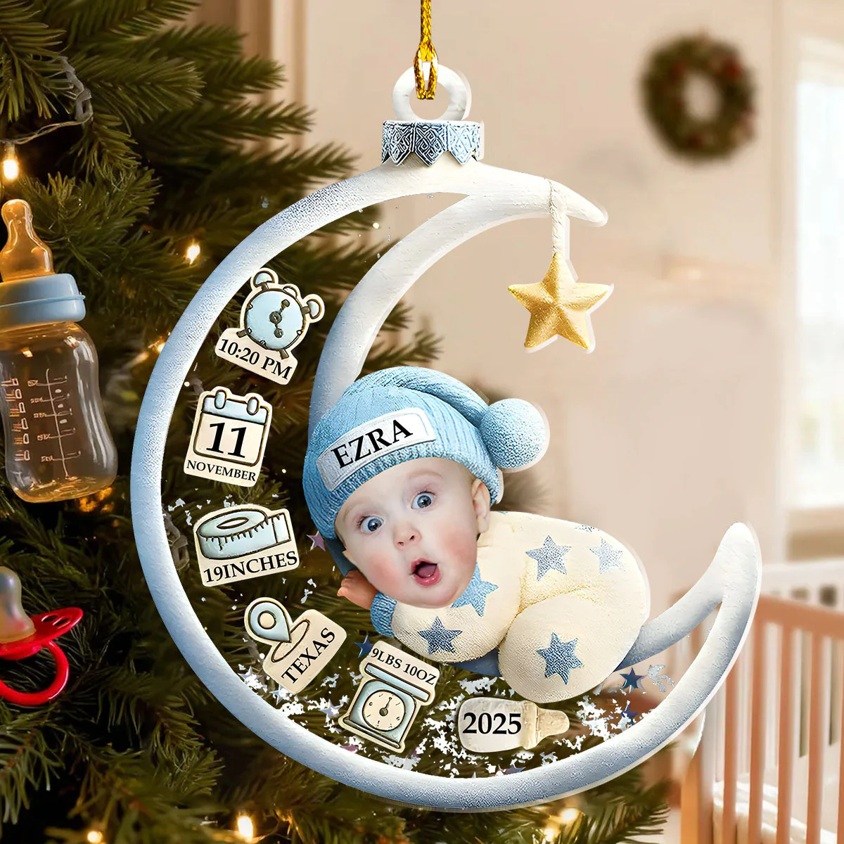 Personalized Baby Sleeping On The Moon Christmas Ornament - Image 2