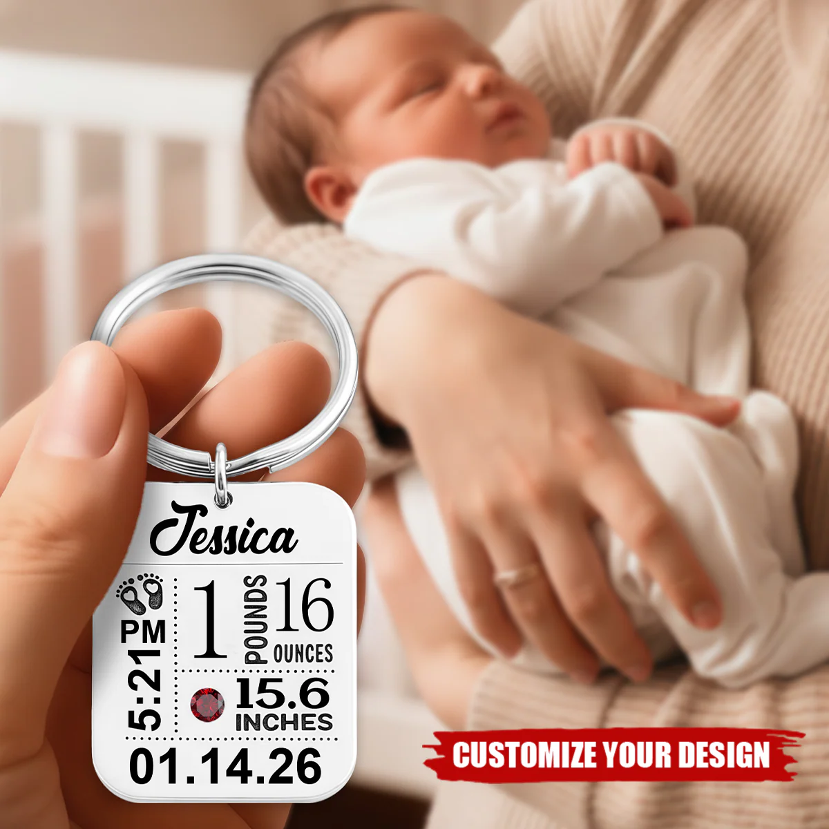 Personalized Baby Stats Keychain With Birthstone, New Mom Push Present Gift