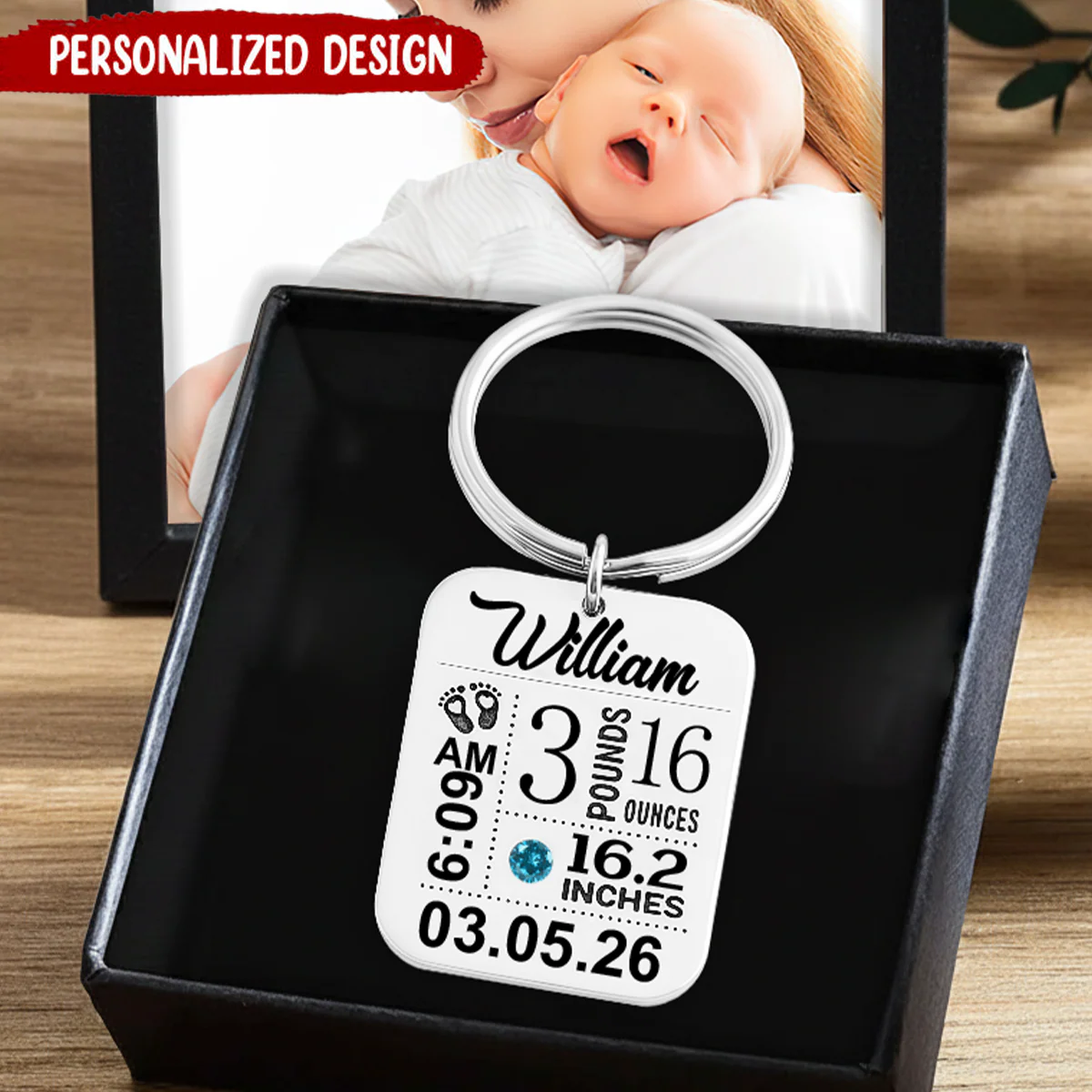Personalized Baby Stats Keychain With Birthstone, New Mom Push Present Gift - Image 2