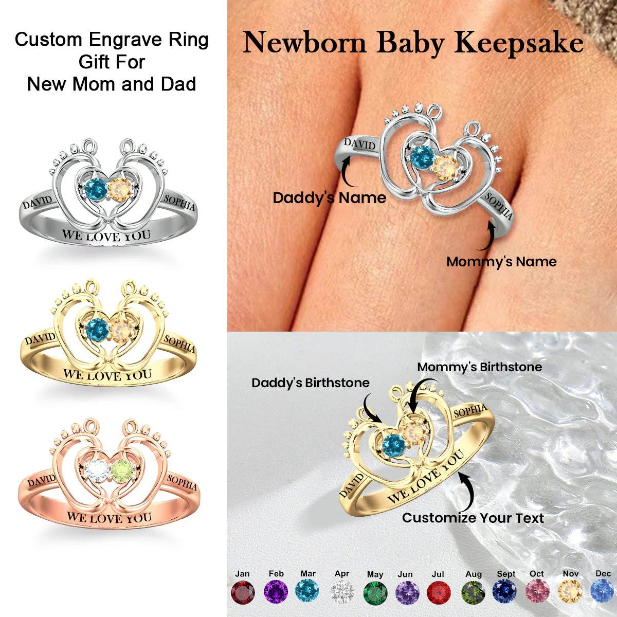Personalized Newborn Baby Birthstones Ring - Image 2