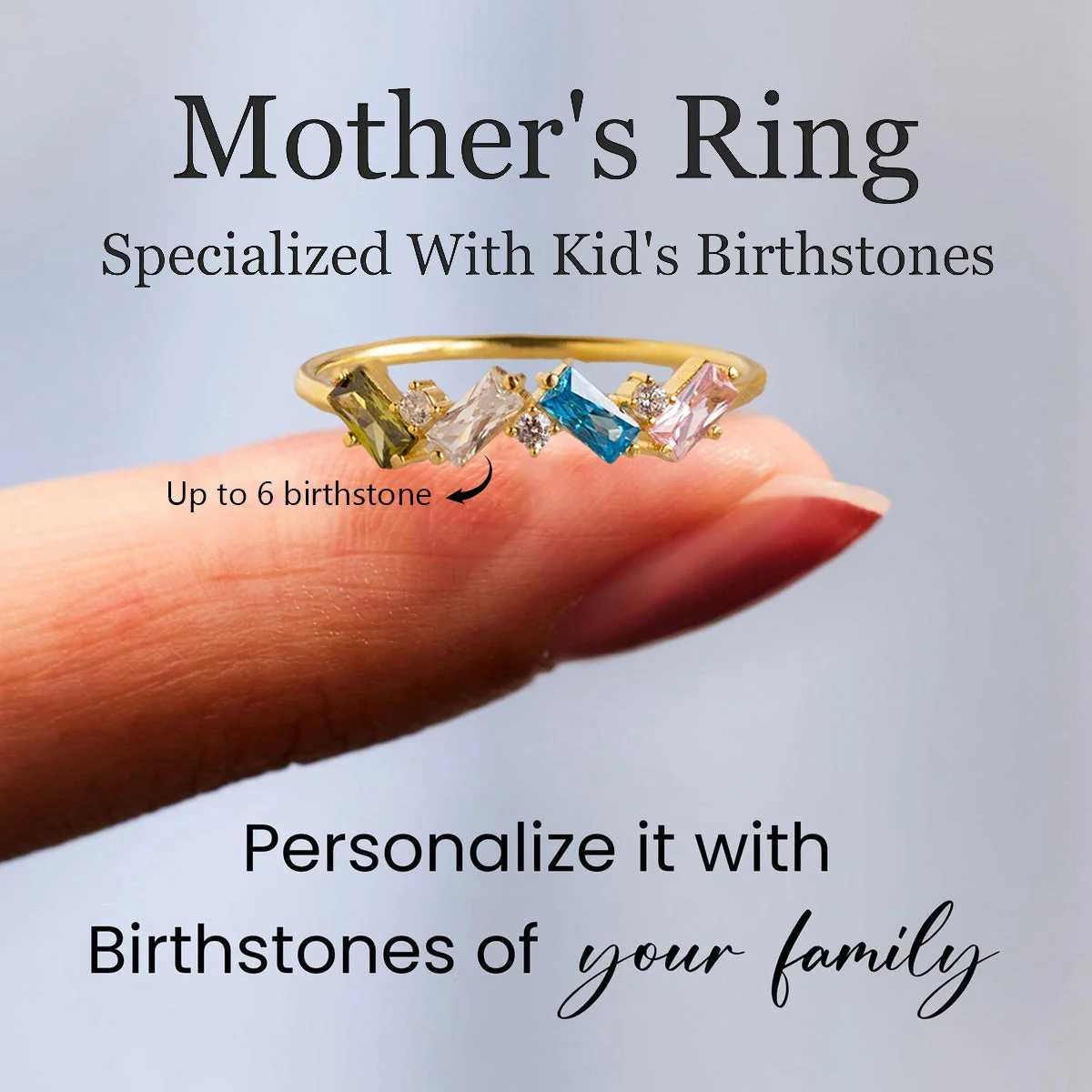 Personalized Baguette Grandma Mom 1-6 Birthstones Family Ring - Image 2