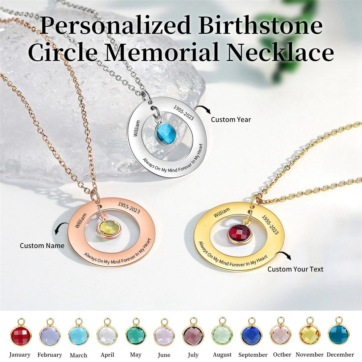 Personalized Birthstone Circle Memorial Necklace - Image 2
