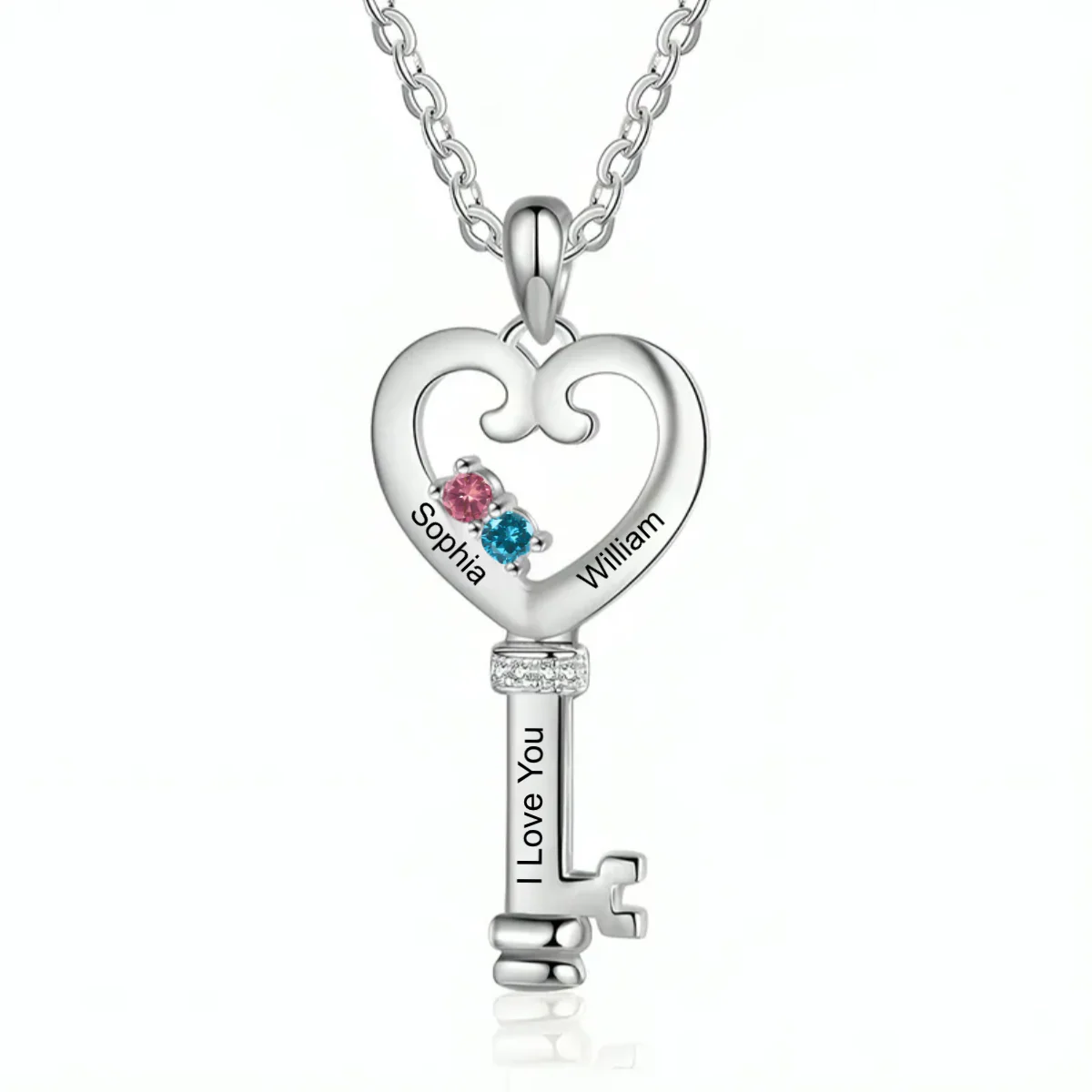 Personalized Birthstone Heart Key Couple Necklace - Image 3