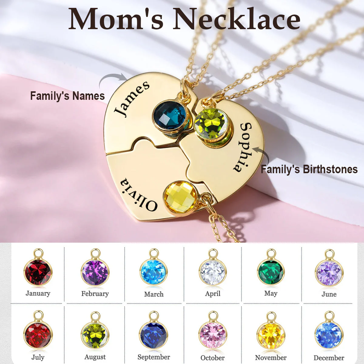 Personalized Birthstone Heart Puzzle Name Necklace, Mother's Day Gift - Image 2