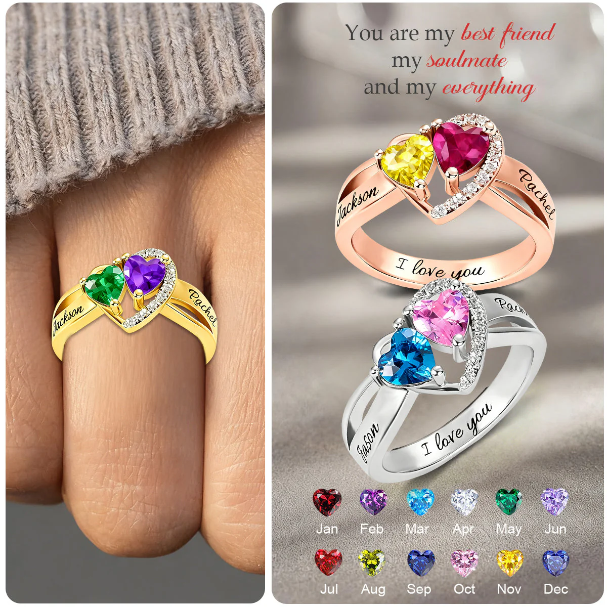 Personalized Birthstone & Name Heart Promise Couple Ring - Image 2
