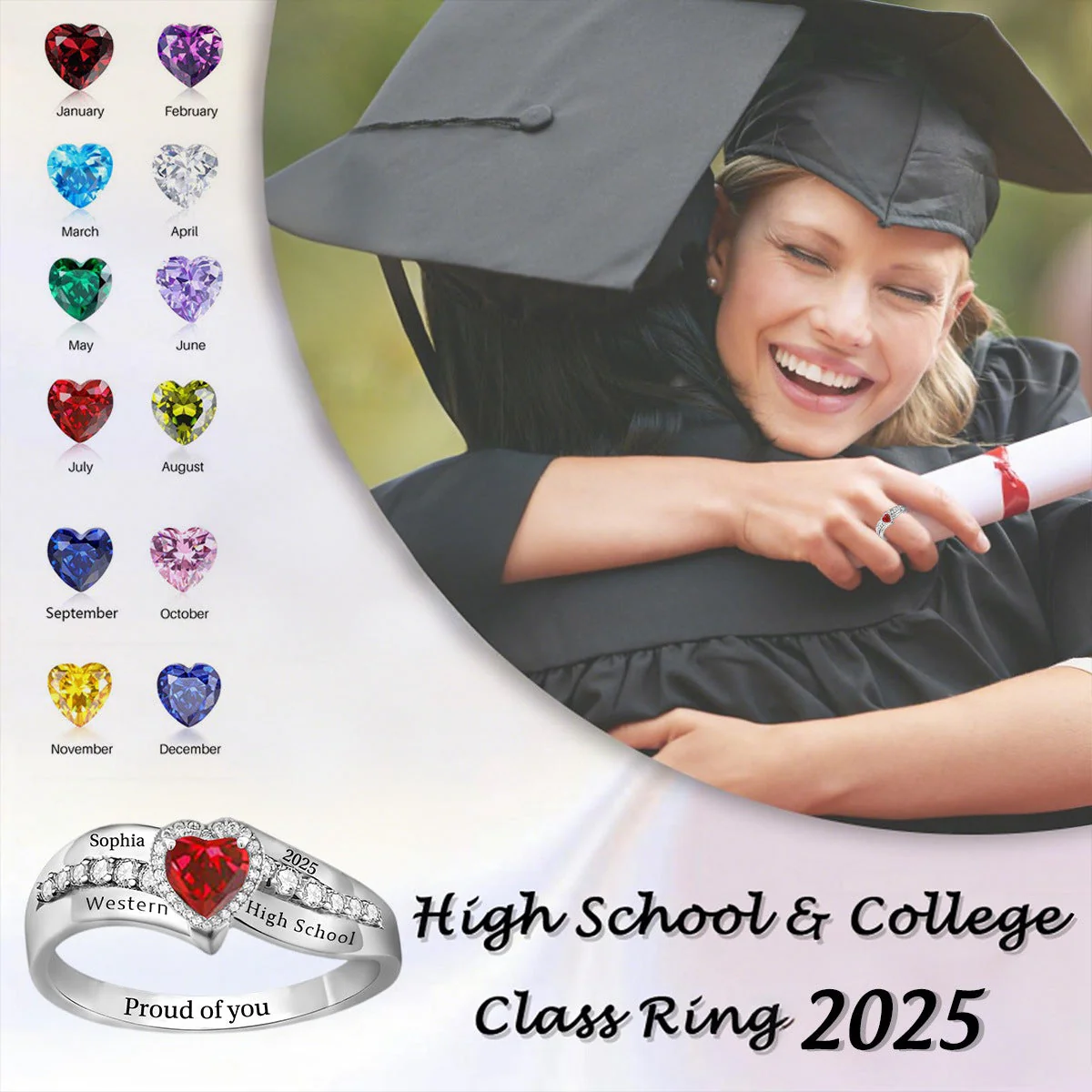 Personalized Birthstone Ring Class of 2025 Engraved Graduation Gift - Image 2