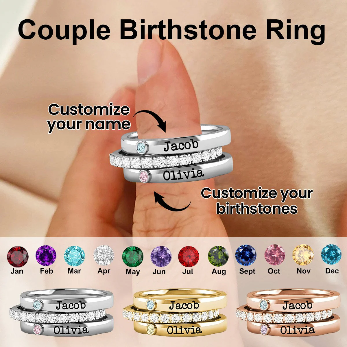Personalized Born in Love Birthstone Name Ring Stack - Image 3