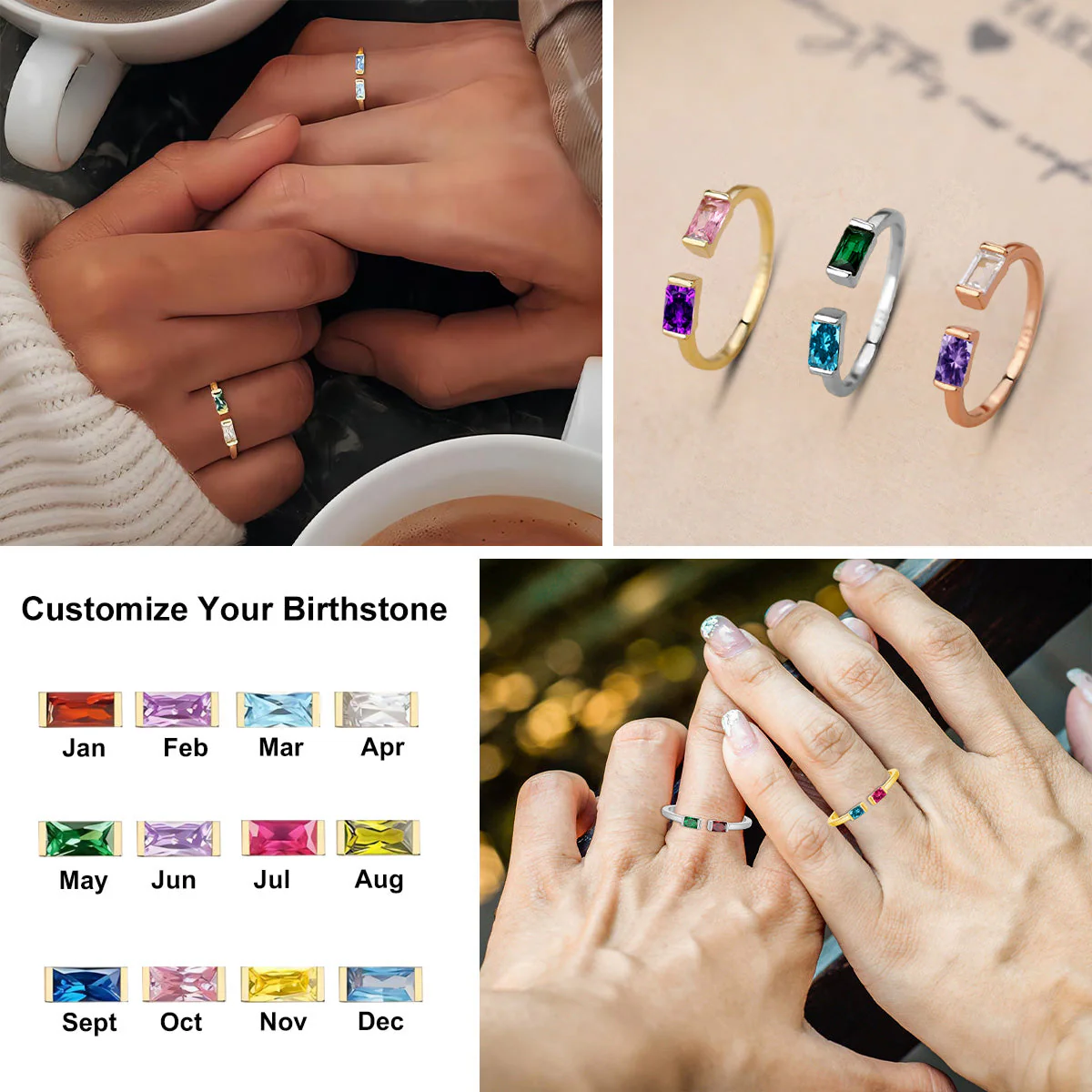 Personalized Born in Love Duo Baguette Birthstone Ring - Image 2