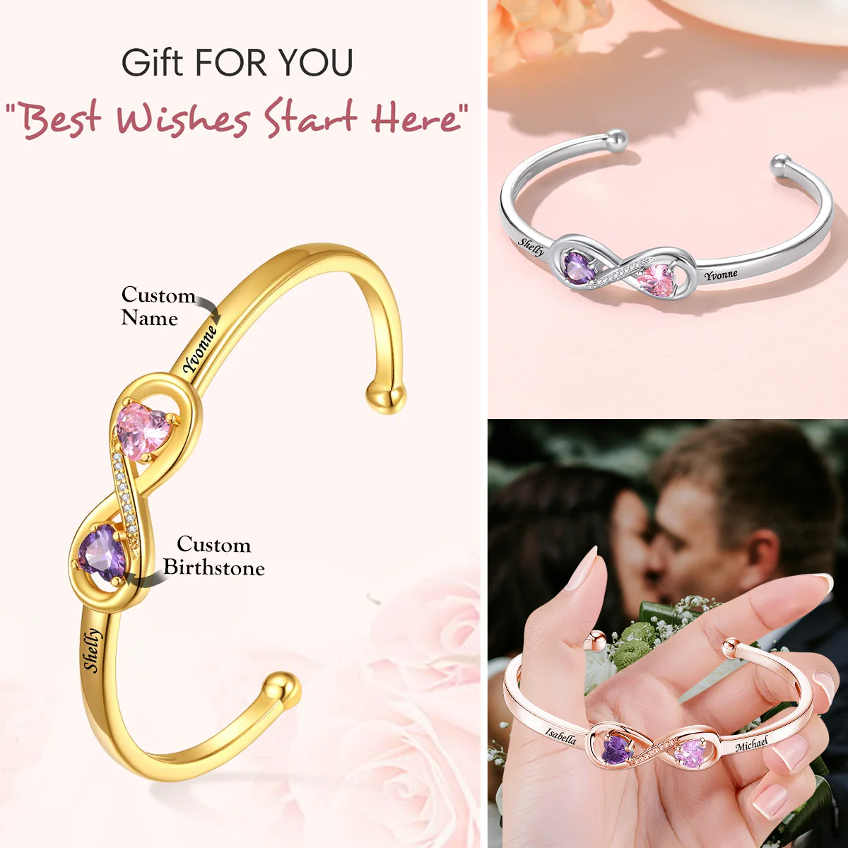 Personalized Bracelet with Names & Heart Birthstones, Anniversary Gift for Her - Image 2