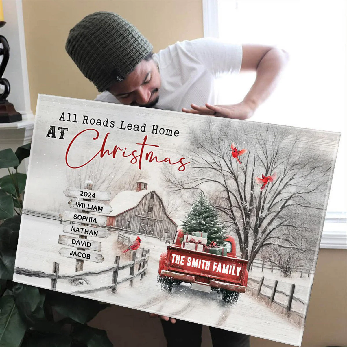 Personalized Christmas Farm With Red Truck Canvas - A Gift For Your Family - Image 2