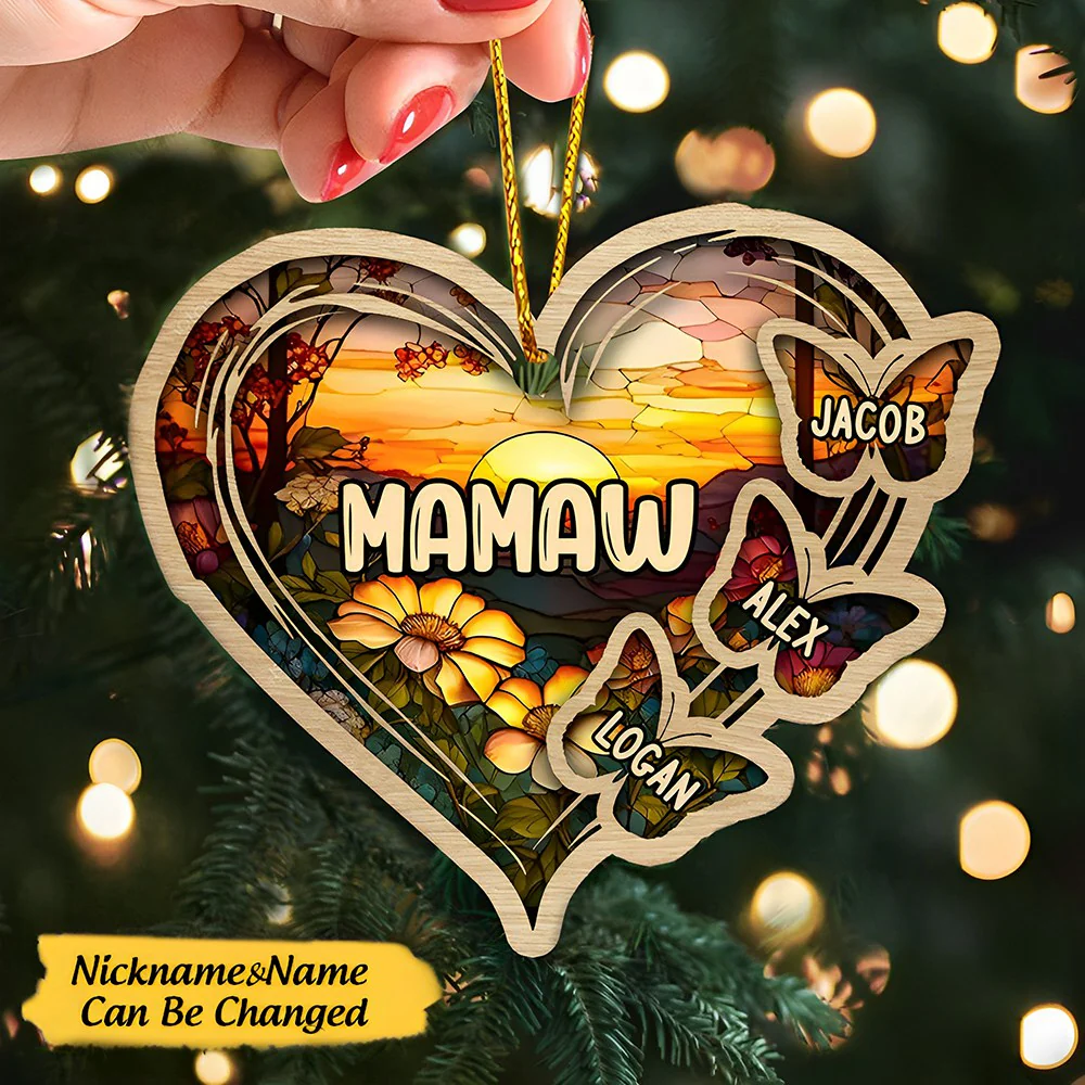 Personalized Christmas Mom Grandma Butterfly Heart Stained Glass Pattern Ornament - Image 2