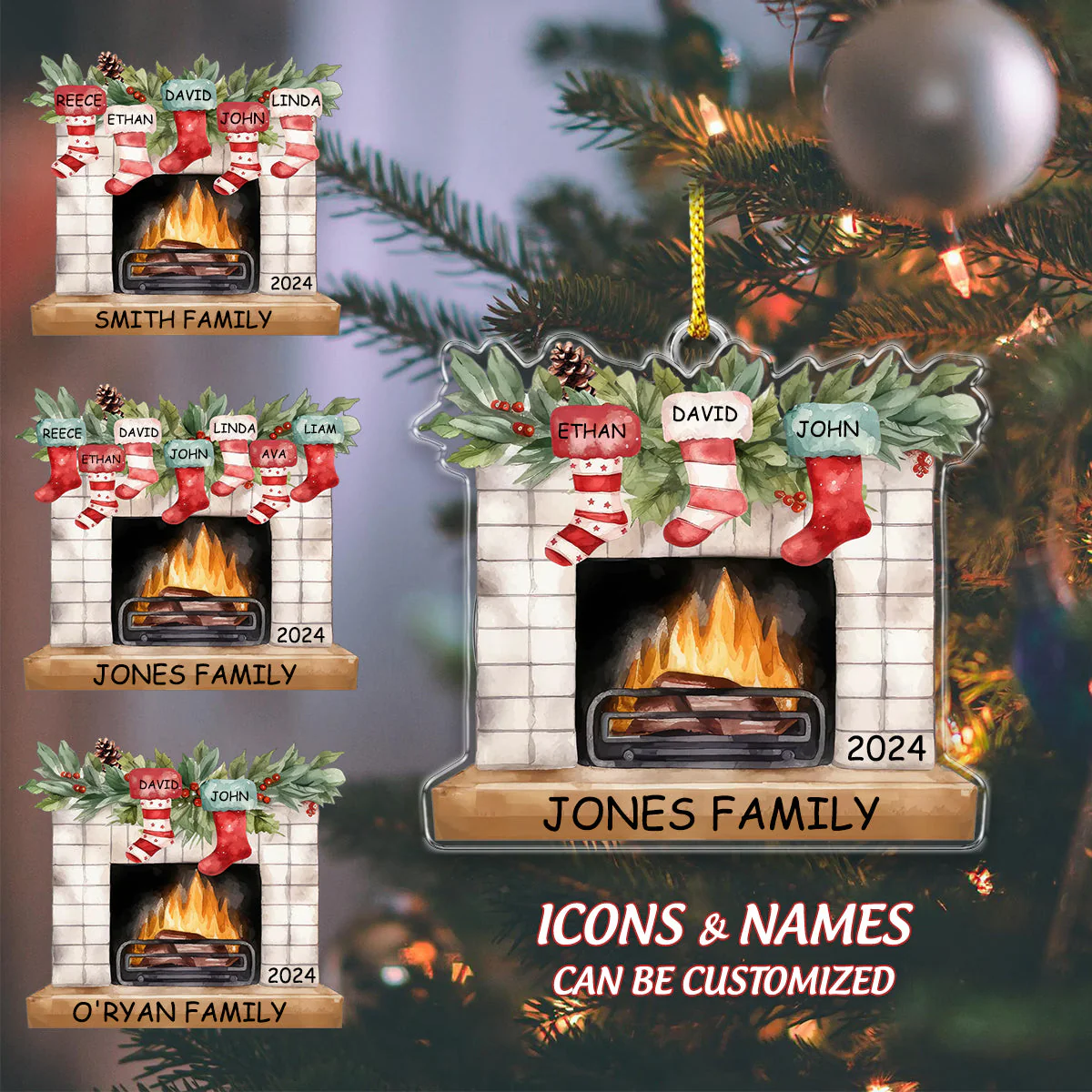 Personalized Christmas Stocking Fireplace Name Ornament - Image 2