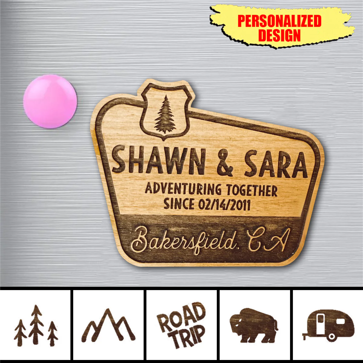 Personalized Couple Adventure Together Wooden Fridge Magnet