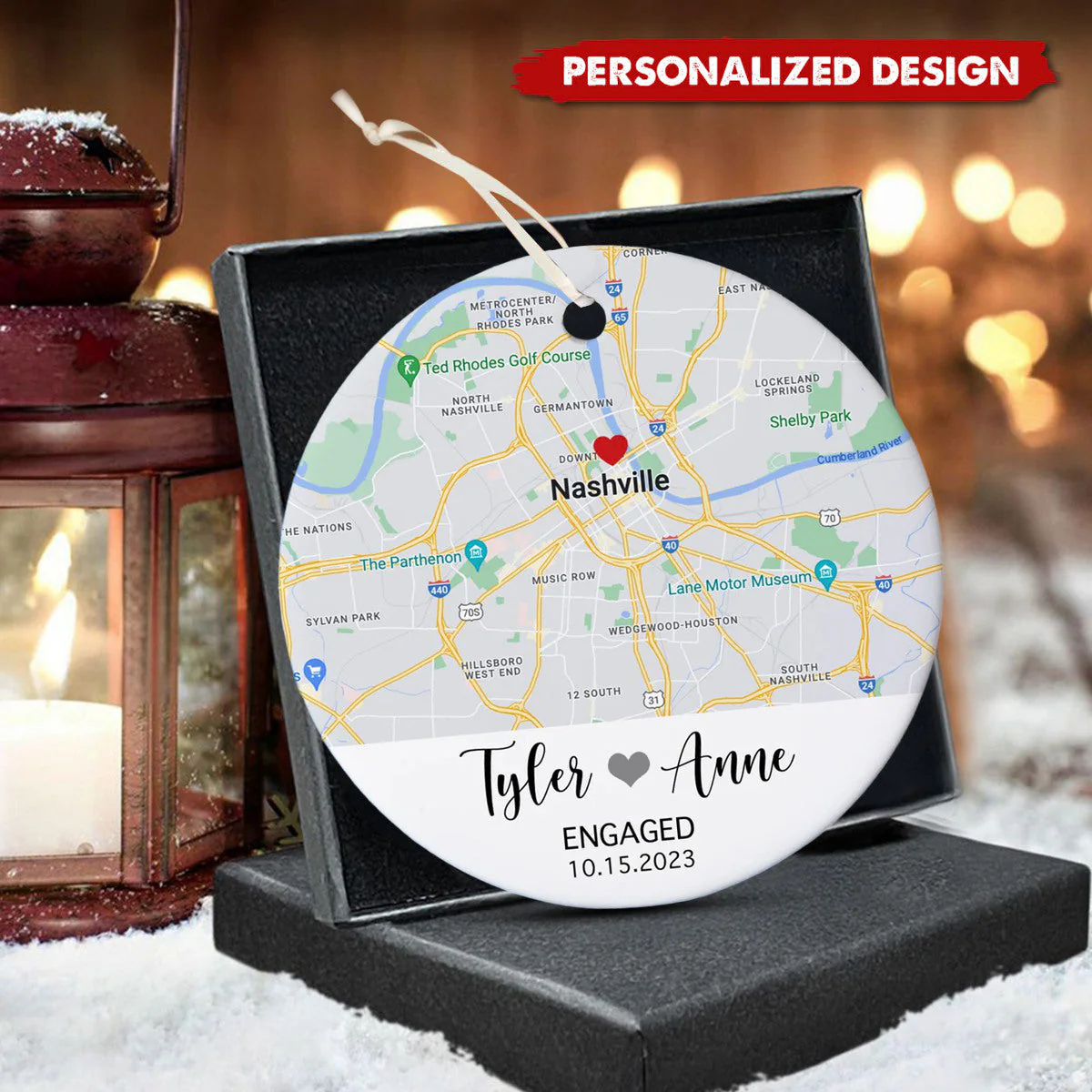 Personalized Custom Christmas Engagement Gift For Couple Ceramic Ornament - Image 2