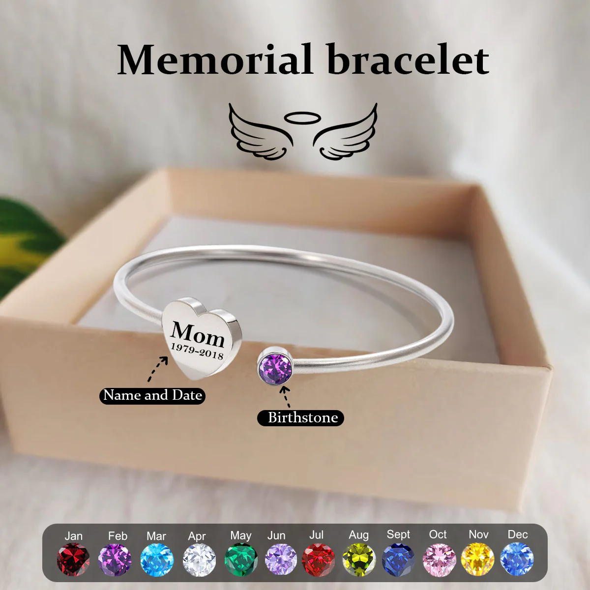 Personalized Custom Memorial Text Heart Birthstone Bracelet - Image 3