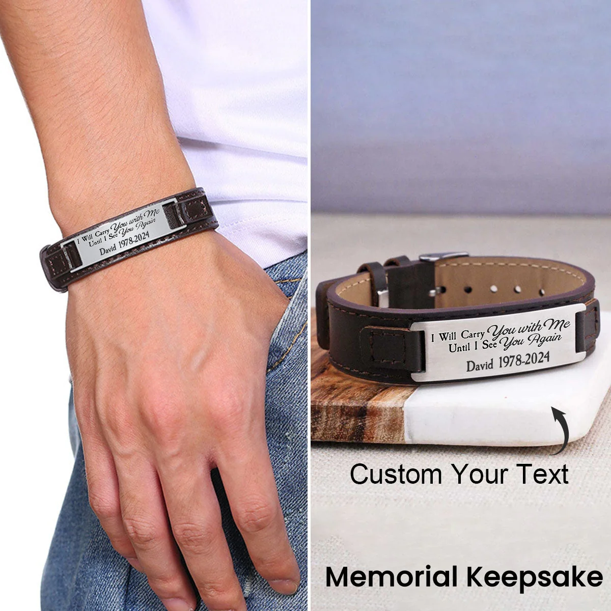 Personalized Custom Memorial Text Leather Bracelet - Image 2