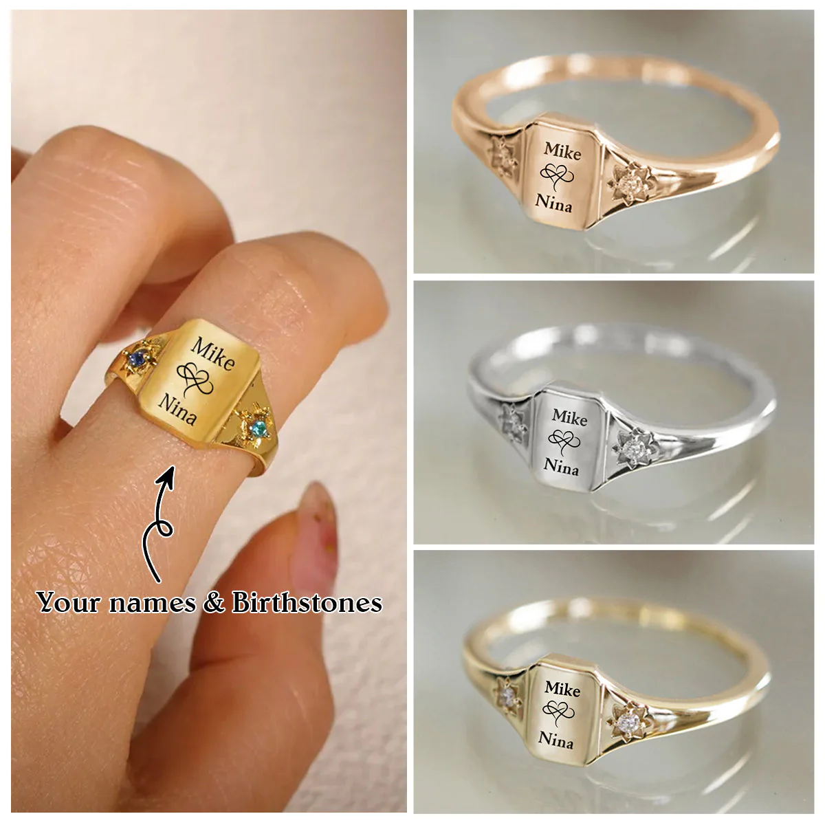 Personalized Custom Names & Birthstone Ring, Anniversary Gift for Couples - Image 2