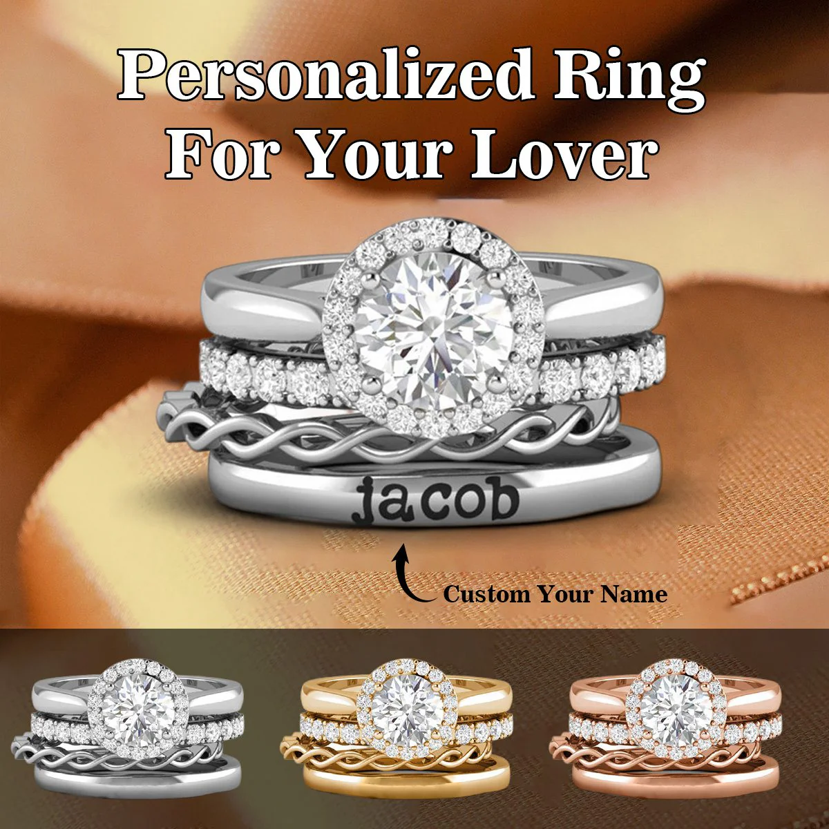Personalized Custome Name Halo Engagement Ring Stack - Image 2