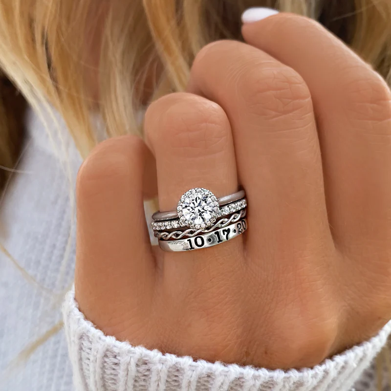 Personalized Custome Name Halo Engagement Ring Stack - Image 3