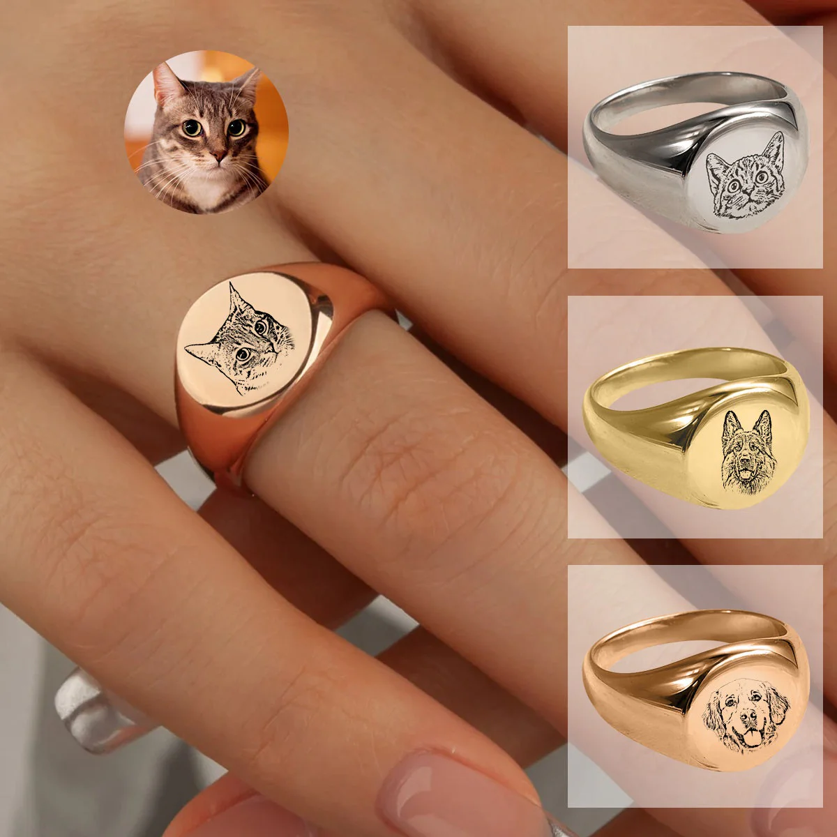 Personalized Dog Portrait Signet Ring,Engraved Pet Photo