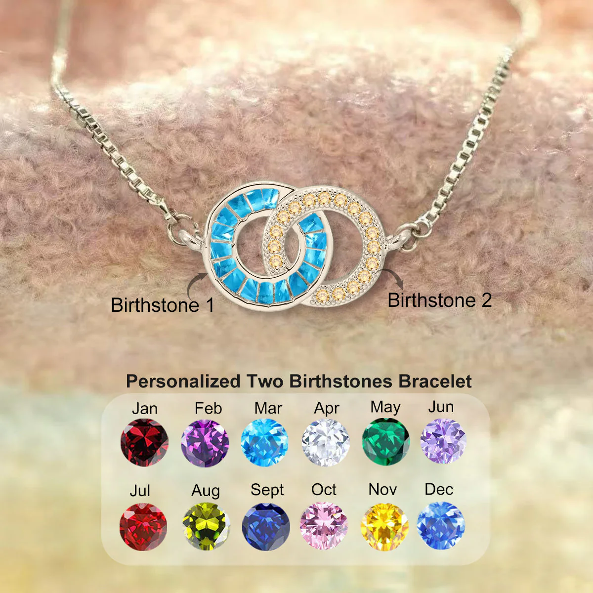 Personalized Double Circle Birthstone Couple Bracelet