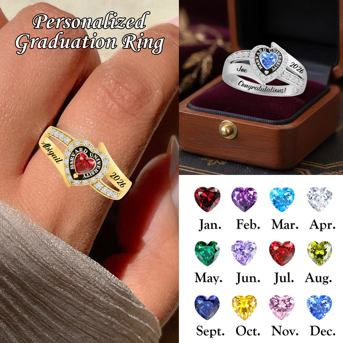 Personalized Engraved Heart Birthstone Graduation Ring Gift for Graduates - Image 2