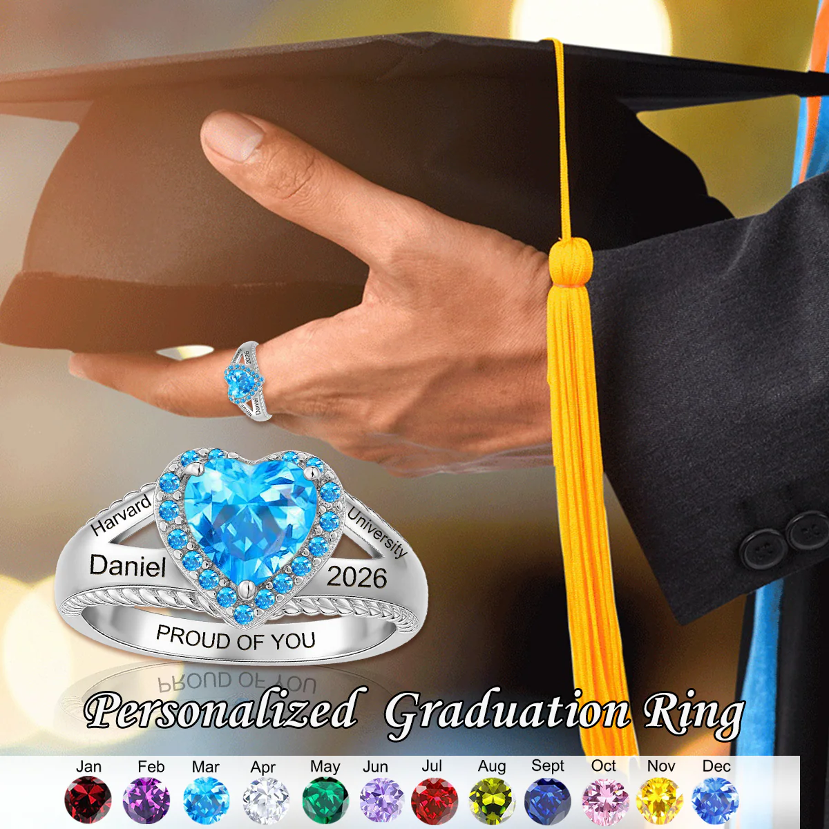Personalized Engraved Heart-Shaped Birthstone Graduation Ring - Image 2
