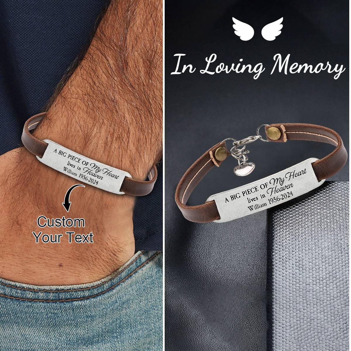 Personalized Engraved Memorial Text Personalized Leather Bracelet - Image 2