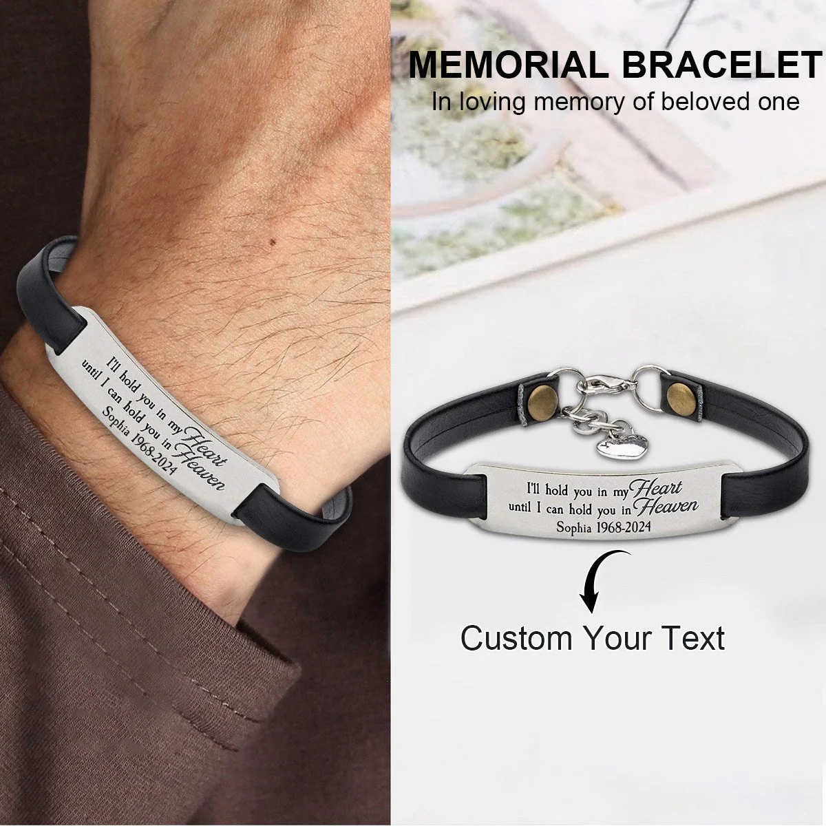 Personalized Engraved Memorial Text Personalized Leather Bracelet - Image 3