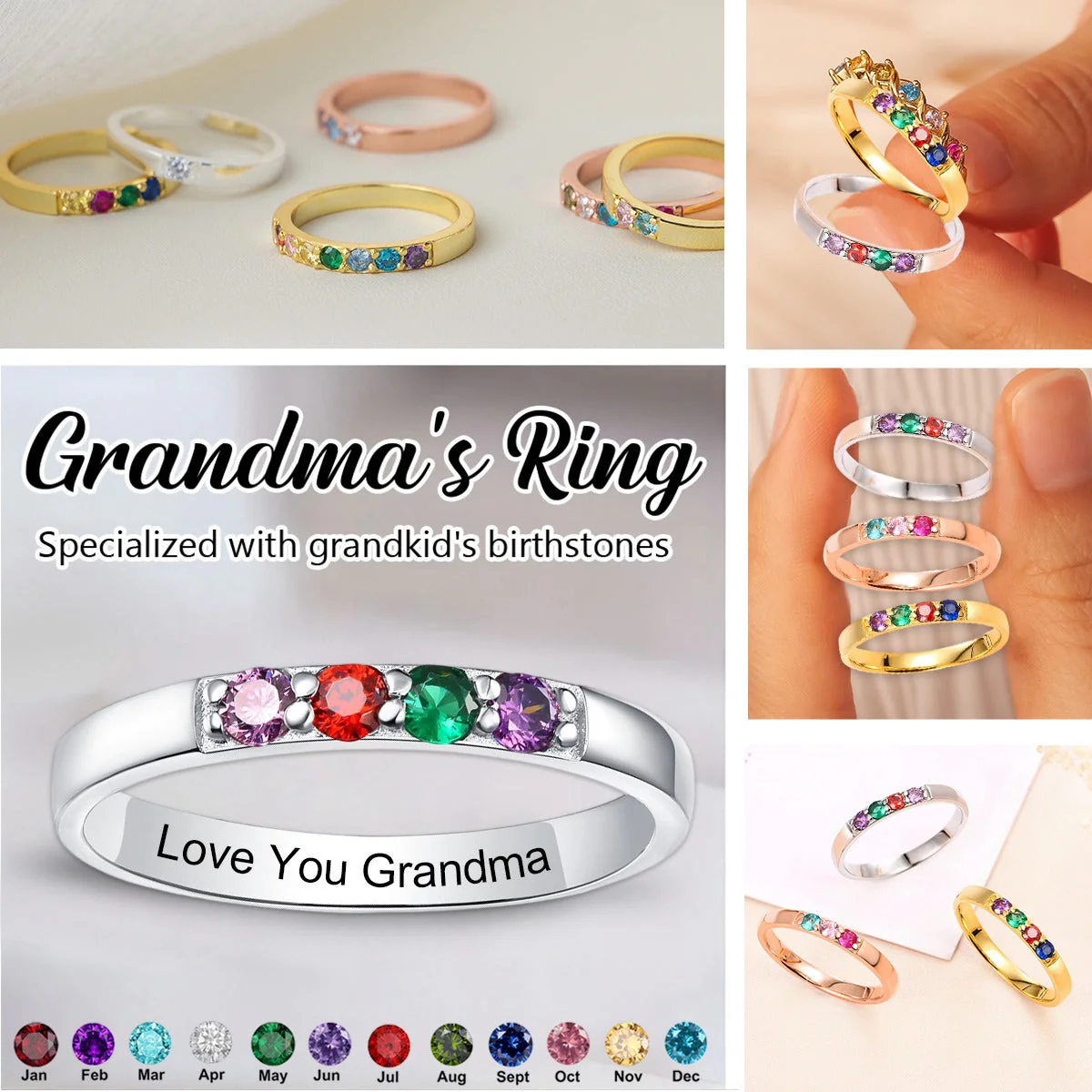 Personalized Family 1-6 Birthstones Ring-Gift For Grandma Mom - Image 2